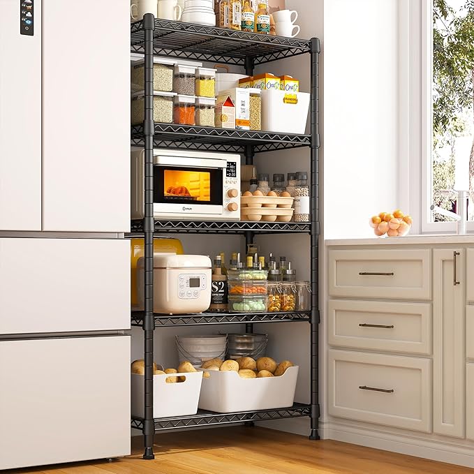 REIBII 1000LBS Wire Shelving Unit, 5 Tier Adjustable Metal Storage Shelves for Kitchen Pantry Office Steel Organizer Wire Rack for Narrow Space, 13.4" D x 23.2" W x 60" H, Black,2PCS