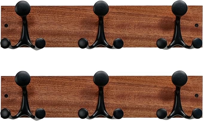 SKOLOO 17-Inch Wood Coat Rack Wall Mount with 3 Triple Hooks - Ideal for Family Entrances, Classrooms, and Pet Supplies Storage - Perfect Coat Hooks for Wall,Mahogany (Sapele), Pack of 2