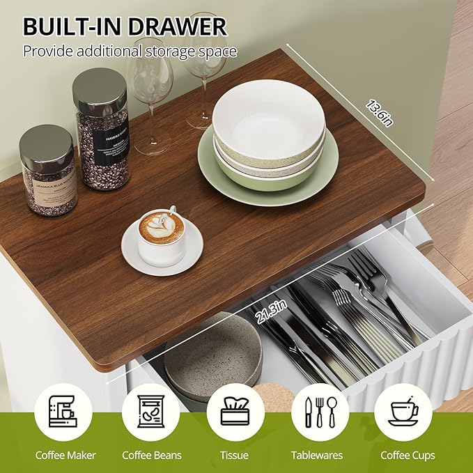 Tilt Out Trash Can Cabinet, 10 Gallon Fluted Laundry Hamper Cabinet with Drawers, Freestanding Wooden Hidden Garbage Can Cabinets for Kitchen, Living Room, Without Trash Bin or Laundry Hamper, White