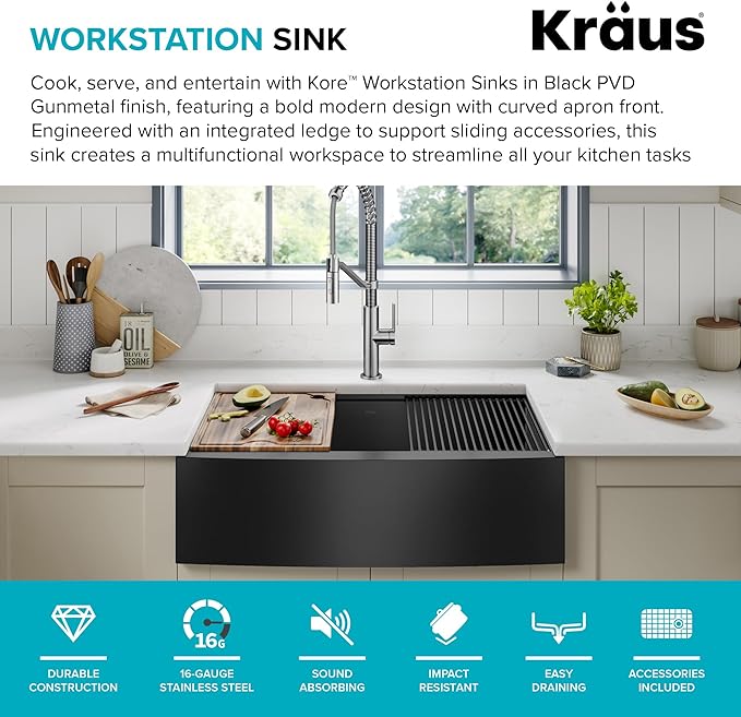 KRAUS Kore Workstation 33-inch Farmhouse Modern Flat Apron Front 16 Gauge Black Stainless Steel Single Bowl Kitchen Sink in PVD Gunmetal Finish with Accessories, KWF410-33/PGM