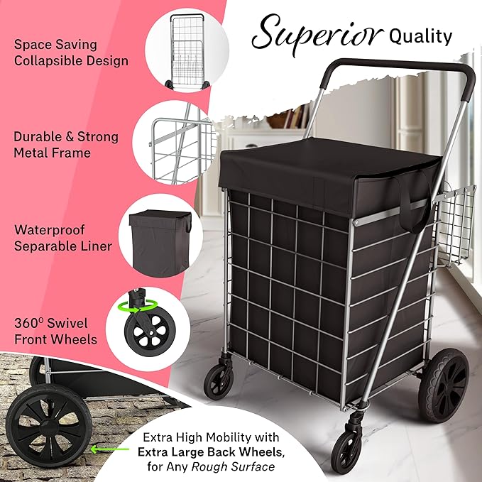 Shopping Cart w/Waterproof Basket Liner & 360° Swivel Wheels | Foldable Collapsible & Lightweight | Perfect for Groceries Laundry Utility Cart - Silver