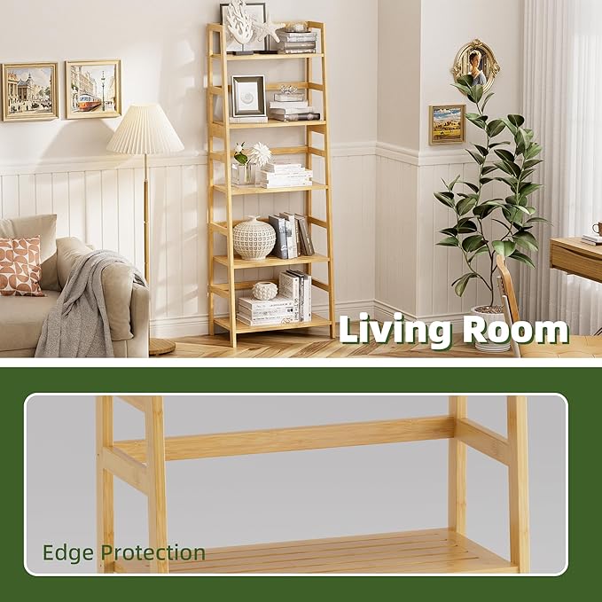Ladder Shelf, 5-Tier Bookshelf, All Bamboo Heavy Duty Bookcase, Freestanding Open Wood Storage Rack, Modern Corner Display Plant Stand for Living Room, Home Office, Bathroom, Bedroom, Natural