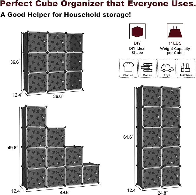 C&AHOME Cube Storage Organizer with Doors, 10-Cube Shelves, DIY Plastic Modular Bookshelf, Closet Clothes Storage Shelving Ideal for Bedroom, Living Room, Clover Embossed, Black