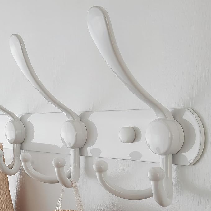 Dseap Coat Rack Wall Mount - 38” Long 10-Tri-Hooks Heavy Duty Coat Hanger Rail Wall Hooks for Hanging Coats Hats Clothing Clothes Purse Mudroom Entryway, White
