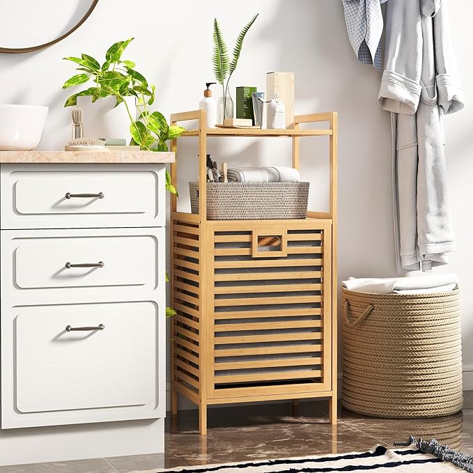 GOFLAME Tilt-out Laundry Hamper with 2-Tier Shelves, Bamboo Laundry Baskets Organizer with Removable & Foldable Fabric Liner, Bathroom Storage Shelf Cabinet for Laundry Room, Bedroom