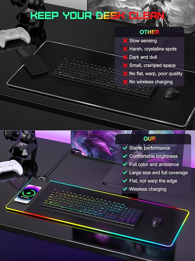 TopMade Mouse Pad with Wireless Charging, 31.5" x 11.81" Large Desk Mat RGB Gaming Mousepad, LED Desk Pad Keyboard Pad with Ultra-Smooth Surface & Non-Slip Rubber Base, Waterproof Desk Pad