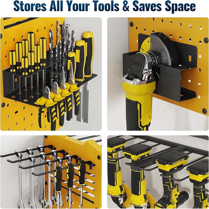 Tomorotec 4-Layer Wall-Mounted Power Tool Storage Rack, Heavy-Duty Steel Drill Organizer with Adjustable Shelves & Side Hooks for Toolbox, Easy Installation Garage & Workshop Storage (Yellow)