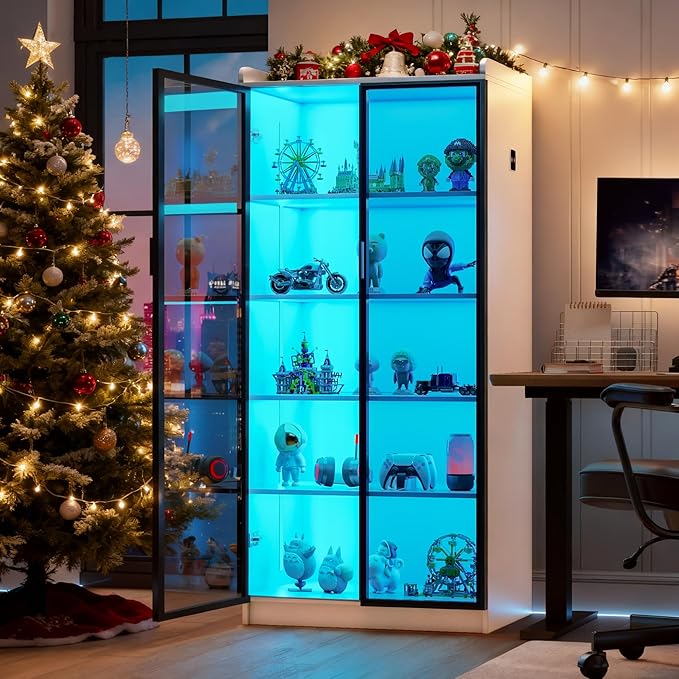Lvifur 65" LED Display Cabinet with Lights for Living Room, 5 Tier Bookcase with Adjustable Shelves for Office, Tall Storage Cabinet with Human Body Induction for Collectibles (White)