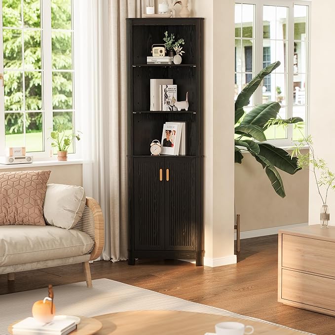 69" Tall Corner Shelf with Doors, 7-Tier Corner Storage Cabinet with Doors, Space Saver Shelf for Bathroom, Bathroom Floor Cabinet for Living Room Kitchen, Hallway