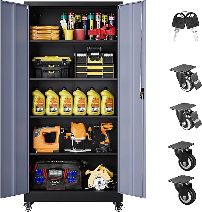 SISESOL 75" Tall Metal Storage Cabinet with Wheels,Rolling Garage Storage Cabinet with Lock,Gray Metal Cabinets with Wheels and Shelves,Tall Tool Cabinets on Wheel for Garage,Home,Office,Shop