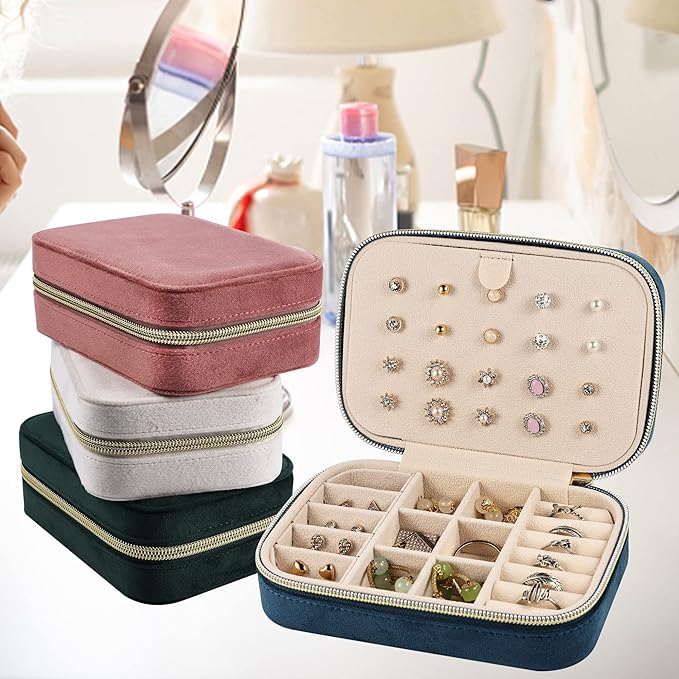 Dajasan Velvet Jewelry Travel Case, Small Travel Jewelry Box, Portable Travel Jewelry Organizer Box for Earrings Bracelets Rings Necklace (Blue)