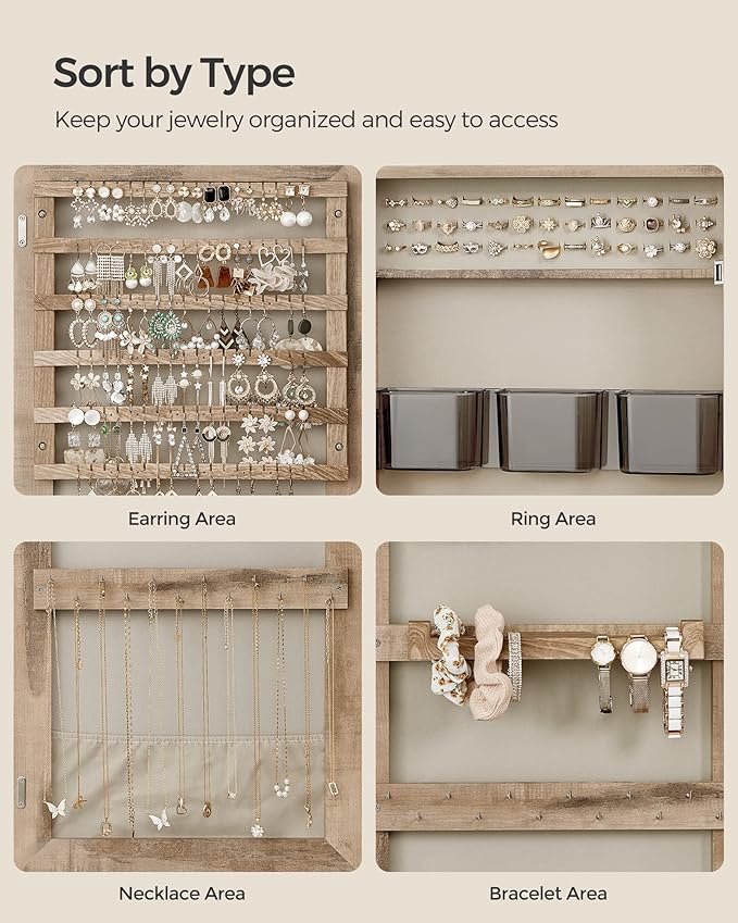 SONGMICS Mirror Jewelry Cabinet Armoire, Wall or Door Mounted Jewelry Storage Organizer, Hanging Lockable Frameless Mirror Cabinet with 2 Cosmetic Organizers, Christmas Gift Idea, Toasted Oak Color