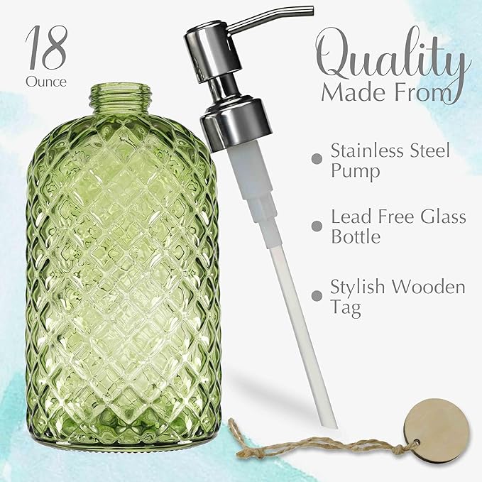 JASAI 18Oz Tea Green Soap Dispenser with Rust Proof Pump, Refillable Glass Soap Dispenser for Bathroom & Kitchen to Dispense Dish Soap, Hand soap, Lotion.