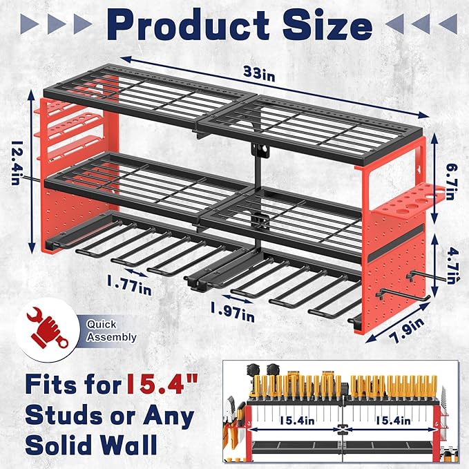 Power Tool Organizer Wall Mount, 300Lbs Load 3 Layer Heavy Duty Metal Tool Shelf with 8 Drill Holders, Garage Workshop Storage for Cordless Tools Batteries Screwdrivers(Red)