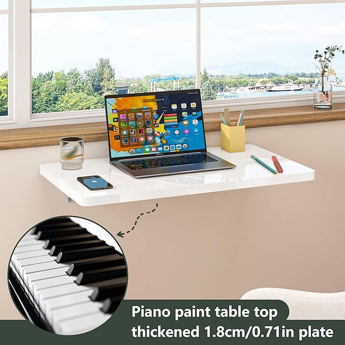 Clikuutory White Wall Mounted High Gloss Folding Table 23.6" L x 15.7" W, Laundry Folding Table for Laundry Room, Home Office, Kitchen, Bedroom, Home Bar, Wall Desk Fold Down for Small Spaces