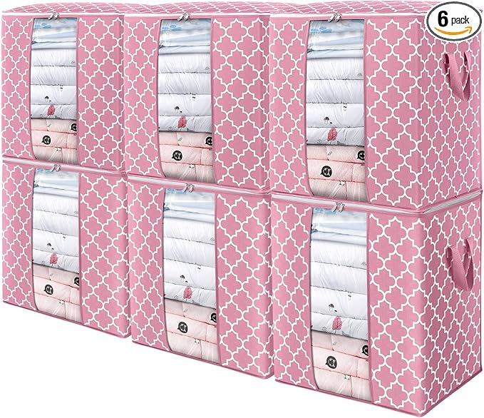 WISELIFE Storage Bags 6 Pack/100L Large Blanket Clothes Organization and Storage Containers for Comforters,Bedding, Foldable Organizer with Reinforced Handle, Clear Window, Sturdy Zippers,Pink