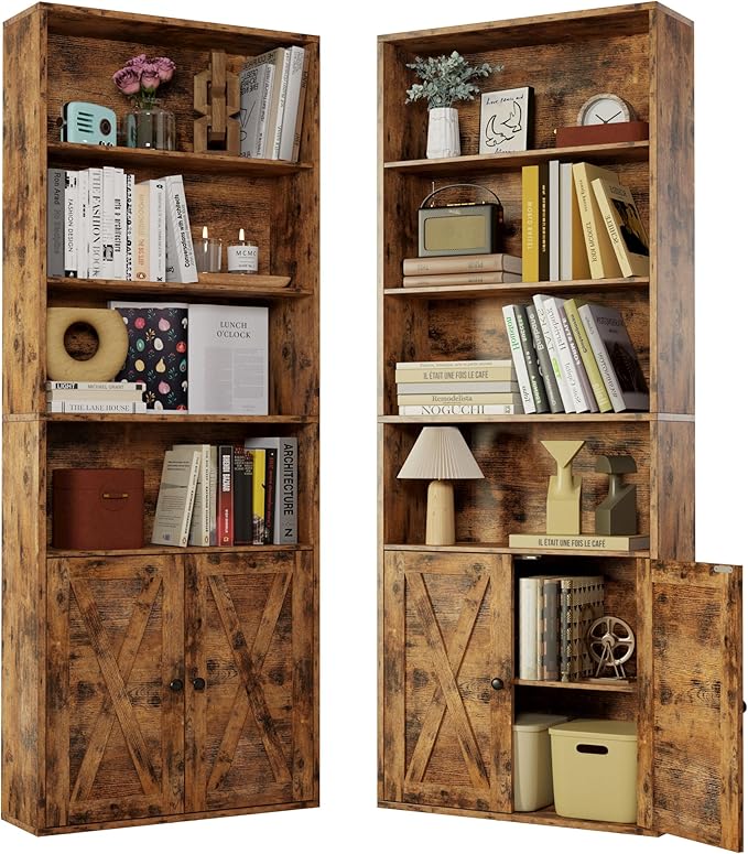 IRONCK Industrial Bookshelves and Bookcases with Doors Set of Two Floor Standing 6 Shelf Display Storage Shelves 70 in Tall Bookcase for Home Office, Living Room