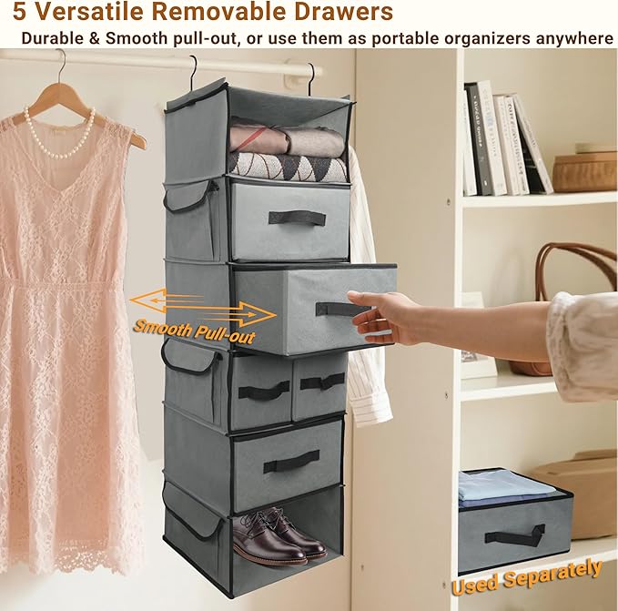 6-Tier Hanging Shelves with 5 Drawers & 3 Side Pocket,Durable Fabric Hanging Closet Organizer Holder with Sturdy Hook,Space-saving Storage Organization for Bedroom,Dorm,Guestroom,RV,Bathroom
