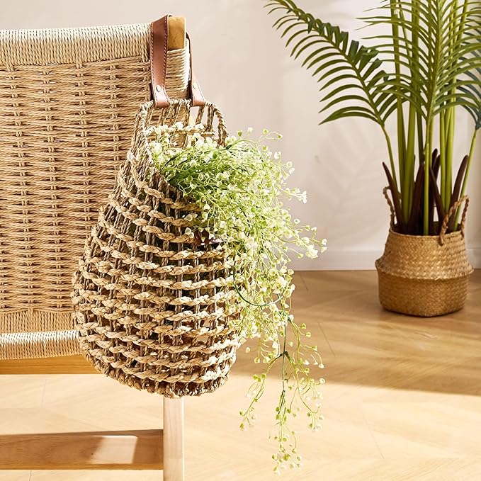 Woven Front Door Basket Water Hyacinth Wall Hanging Basket Decorative Boho Mounted Organizer for Dried Flower Plants Storage Basket for Garden, Home, and Farmhouse Décor (B_Corn Husk)