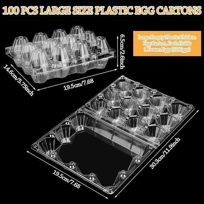 Tanlade 100 Pcs Plastic Egg Carton, 12 Grids Clear Chicken Egg Tray Disposable Plastic Holder Empty Container for Farm Refrigerator Fresh Storage(7.5 x 5.7 x 2.5 Inch)