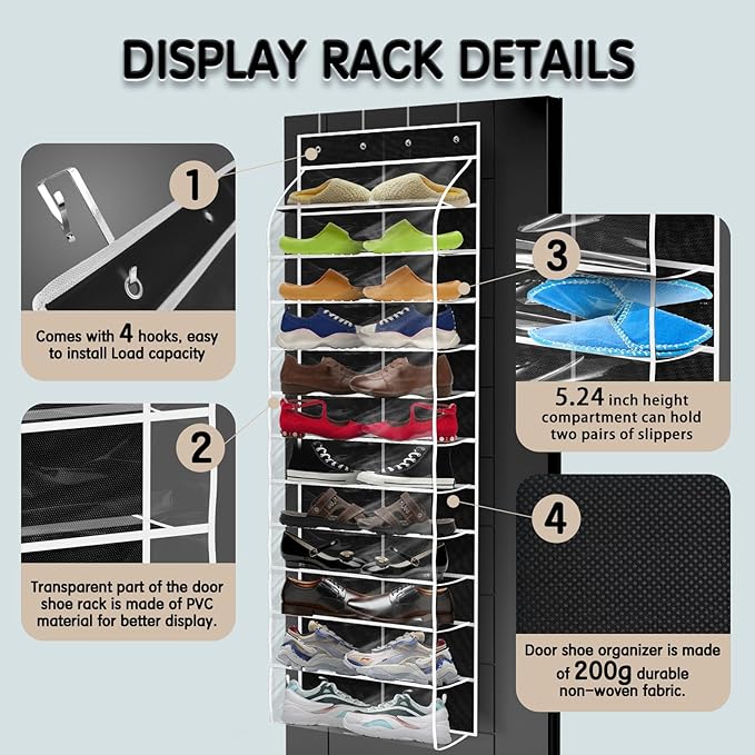 Over The Door Shoe Organizer with 12 Large Breathable Pockets - Heavy Duty Hanging Storage for Adult, Kids & Baby Shoes - Black