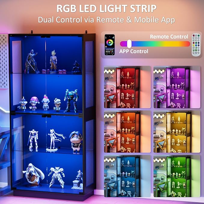 Display Cabinet with Glass Doors 4 Tier Glass Display Case with RGB LED Lights Display Cases for Collectibles Adjustable Shelves Display Case, for Game Room, Living Room, Bedroom, Black