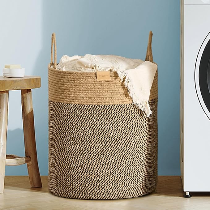 Laundry Hamper 62L,Large Laundry Basket for Clothes,Decorative Storage Basket for Blankets,Cotton Rope Woven basket for bedroom,Dark Brown