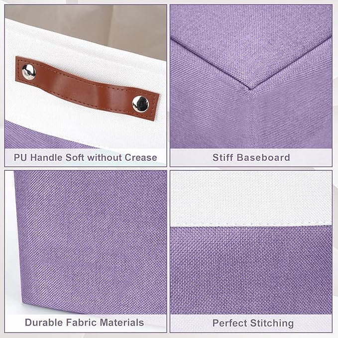 Large Fabric Storage Baskets | 50L Storage Bins, Decorative Linen Closet Baskets with Handles for Organizing, Shelf, Toys, Clothes, Home, Office, Nursery, 17x12x15Inches (Purple&White)