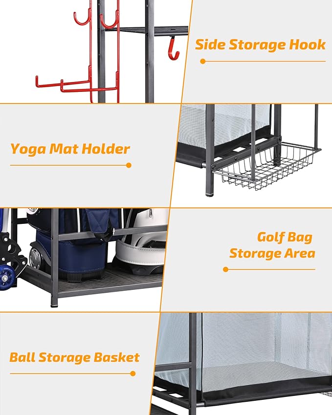 PLKOW Golf Storage Ball Rack Garage Organizer, 2 Golf Bag Organizer and Other Sports Equipment Organizer for Garage, Extra Large Size Sports Storage Rack for Garage