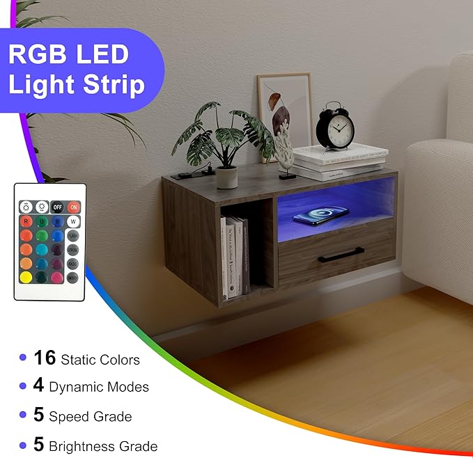 Homaterial Floating Nightstand with Charging Station and LED Lights, Floating Bedside Table with Drawers Wall Mounted Nightstands,for Bedroom Room, 21.3" x 11.8" x 10",Grayish Brown