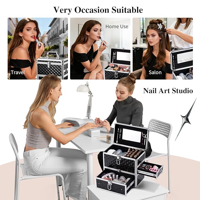 Frenessa Nail Polish Makeup Train Case with Drawer and Dividers Manicure Organizer Accessory Storage Makeup Box With Mirror Lockable Keys Nail Kit Organizer Cosmetic Case Jewelry Box - Black