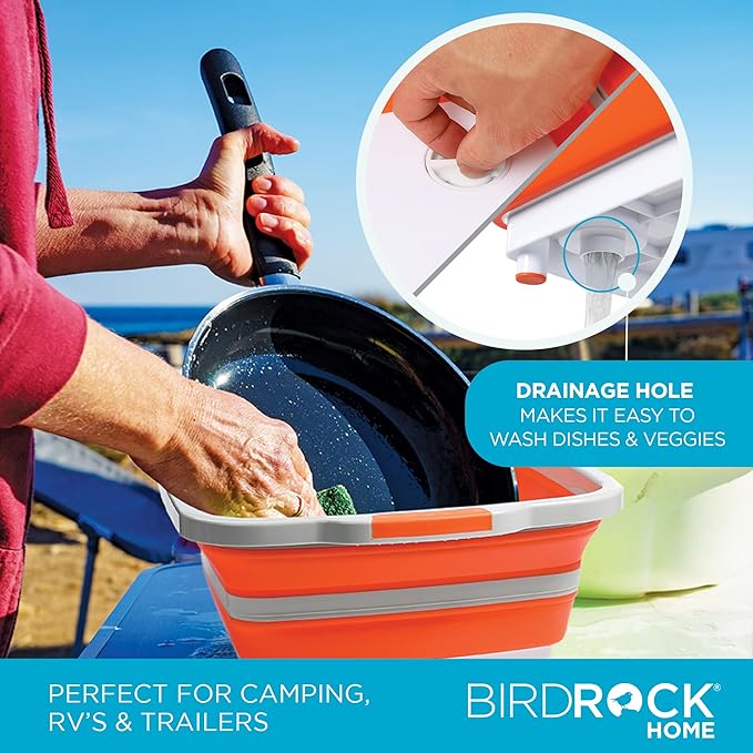 BIRDROCK HOME Collapsible Large BBQ Prep Tub w/Cutting Board, Multi-Function Grill Caddy w/Colander & Lid, Portable Silicone Dish Bowl for Picnic, Tailgate, Camping - Orange + 2pc BBQ Mitts