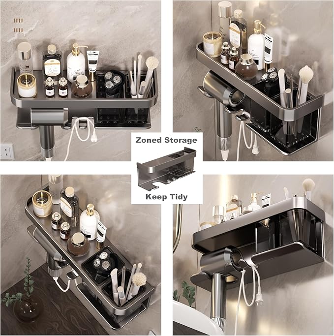 Hair Dryer Holder Wall Mounted,Blow Dryer Organizer,With shelf & individually removable Organizer box, Aluminum Blow Dryer Holder for Bathroom, Salon Organizers & Storage (Matte Grey, large)