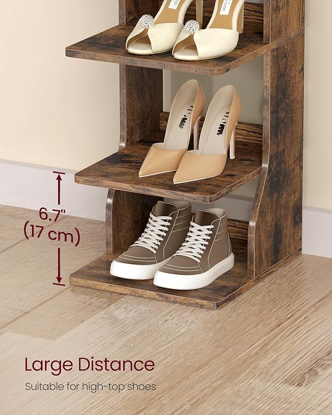 VASAGLE 7-Tier Vertical Shoe Rack, Narrow Shoe Storage Organizer with Hooks, Slim Corner Tower Shelf, Space-Saving for Entryway and Bedroom, Rustic Brown ULBS200KD01