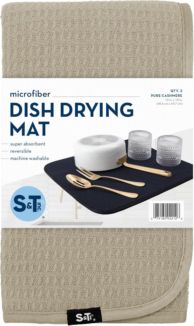 S&T INC. Dish Drying Mat 2 Pack, 16” x 18”, Absorbent Microfiber Kitchen Counter Mat, Dish Drying Pad for Dishes, Utensils, Pots and Pans, Large, Pure Cashmere