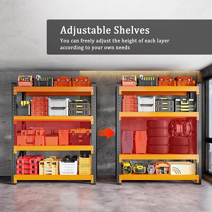 5000LBS Garage Shelving 59" W Garage Shelving Heavy Duty 4-Tier Metal Storage Shelves Adjustable Shelf Unit Storage Rack for Basement Supermarket Warehouse 59" W x 20" D x 78" H Black-Orange