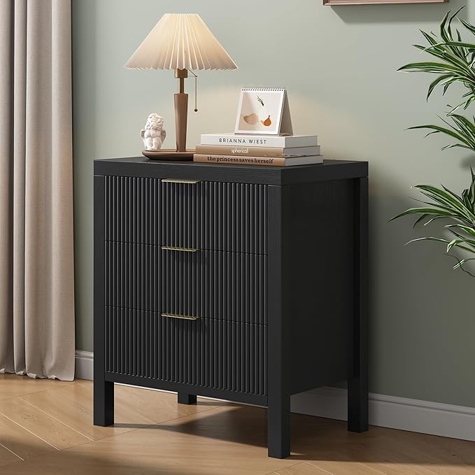 3 Drawer Dresser, Chest of Drawers Organizer with Waveform Panel, Large Fluted Dresser with Wide Drawers and Golden Handles, Wood Storage for Bedroom, Hallway, Entryway, Black
