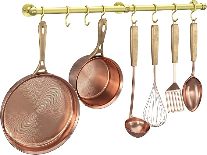 ROTHLEY Stainless Steel Hanging Pot Rack Hanger: 23.7 Inch Brass Pot and Pan Hanger Wall Mounted Hanging Pot Bar Rack Heavy Duty Pot Hangers Kitchen Rail with 8 S Hooks