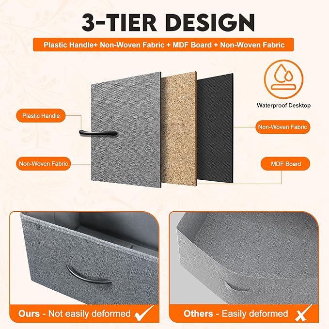 Dresser for Bedroom with 10 Drawers, Chest of Drawers, Storage Drawers Organizer Unit, Grey Wide Fabric Dresser with Fabric Bins for Closet, Living Room, Entryway (Grey and Rustic Brown)