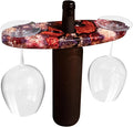 Handcrated Wood Wine Bottle & Glass Holder with Flowers Preserved, Vintage Countertop Stand for 1 Bottle & 2 Glasses, Unique Wine Caddy for Home Bar, Gift for Wine Lover