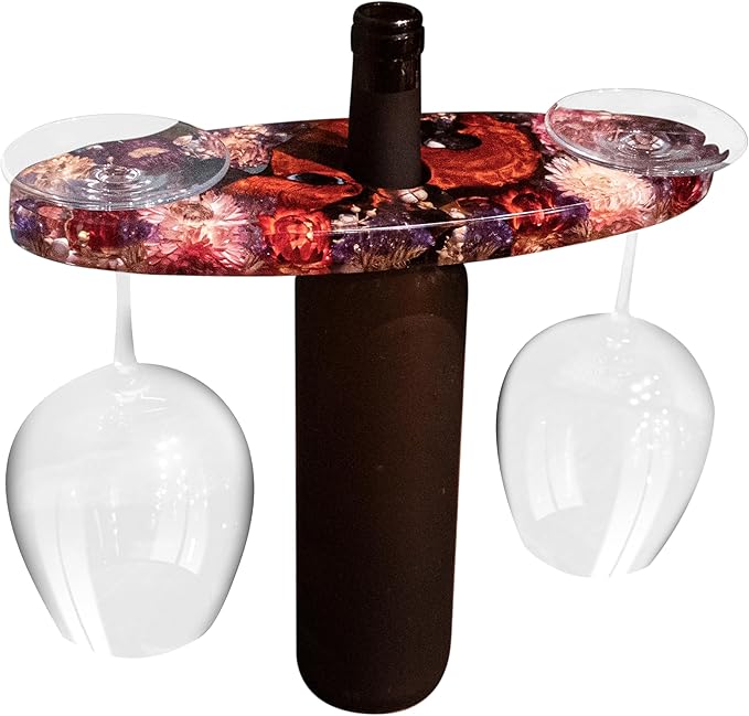 Handcrated Wood Wine Bottle & Glass Holder with Flowers Preserved, Vintage Countertop Stand for 1 Bottle & 2 Glasses, Unique Wine Caddy for Home Bar, Gift for Wine Lover