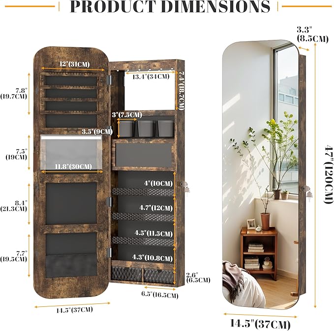 Vlsrka 47.2" LED Mirror Jewelry Cabinet, Wall/Door Mounted Full Length Mirror with Storage, Lockable Jewelry Armoire with Mirror, Rounded Corner Hanging Mirror Jewelry Organizer, Rustic Brown