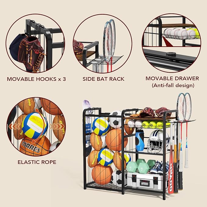 Garage Sports Equipment Organizer, Ball Storage for Gear and Toys, Large Capacity, Sports Organizer for Garage with Hooks and Baskets