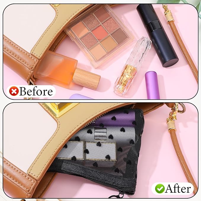 4 PCS Heart Printed Mesh Makeup Bag Set, White & Black Mesh Makeup Bag with Zipper Lipstick Accessories Organizer Mini Travel Organizer Bags for Women(2 Small 2 Square Handle)