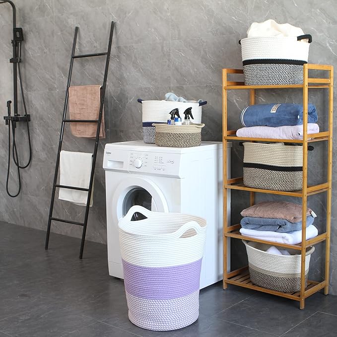 Sea Team Large Size Cotton Rope Woven Storage Basket with Handles, Laundry Hamper, Fabric Bucket, Drum, Clothes Toy Organizer for Kid's Room, 20 x 14 inches, Round Open Design, White & Mottled Purple