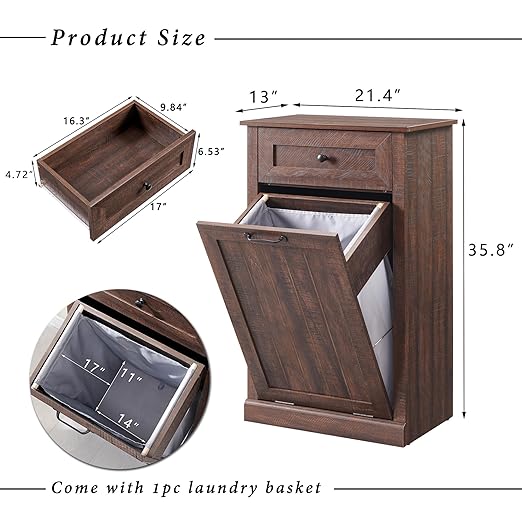 Tilt Out Trash Can Cabinet, 10 Gallon Farmhouse Laundry Hamper Cabinet with Drawer, Hidden Wooden Trash Garbage Can Bin with Storage Basket for Kitchen, Living Room (Brown)