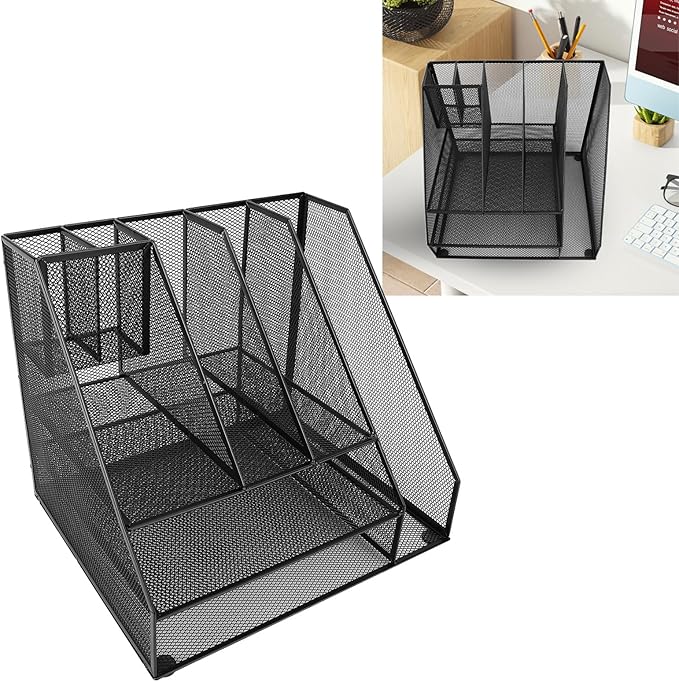 Hyuduo Office Desk Organizer, Black Iron Mesh 3 Tier Paper Letter Tray with 2 Pen Holders and File Rack Metal Structure for Office and Home Desk Organization