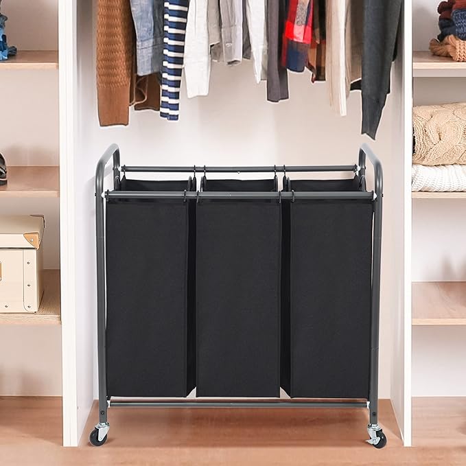 STO STO Laundry Sorter 3 Section, 3 Bag Laundry Hamper, Rolling Laundry Cart, Laundry Basket with Heavy Duty Lockable Wheels and Removable Bag for Clothes Storage, Black