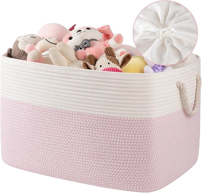 95L Extra Large Blanket Basket with Lid, 24" x 16.9" x 14.2" Woven Storage Basket for Living Room, Rectangle Nursery Blanket Storage for Toys, Towels, Dirty Clothes, Pink & White