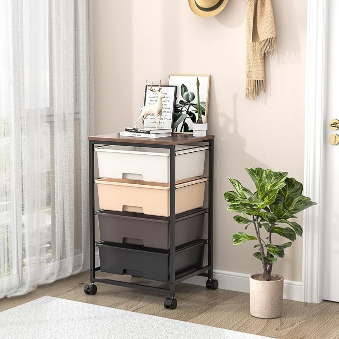 Utility Cart with 4 Drawers,Rolling Storage Cart with Drawers,Storage Rolling Drawer Cart,Brown